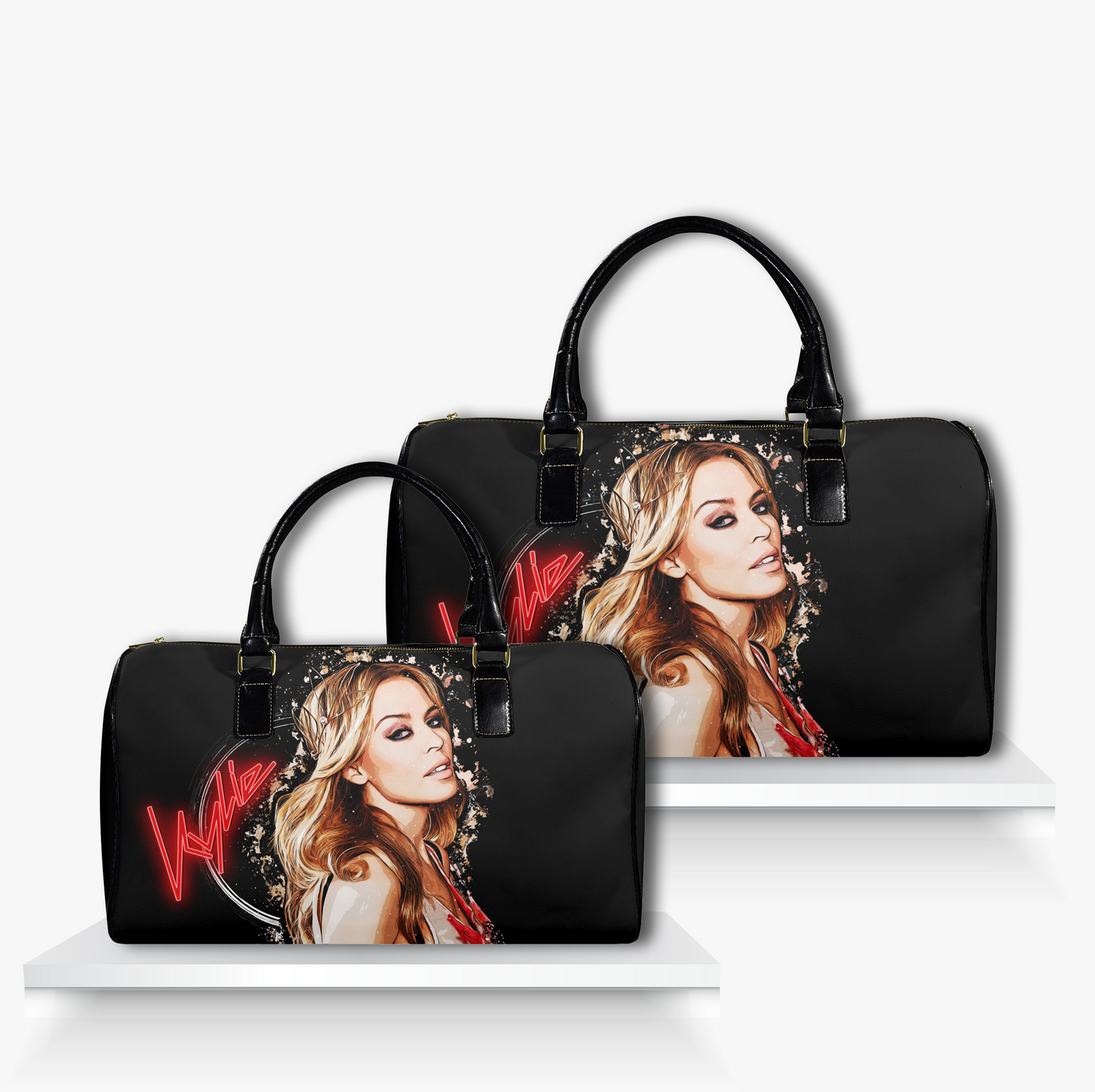 Black duffel bag featuring an illustrated portrait of Kylie Minogue with flowing blonde hair and smoky eye makeup, accented by a glowing red neon-style 'Kylie' signature and grunge-inspired background stylish travel bag perfect for pop icon fans, retro music lovers, and bold fashionistas.