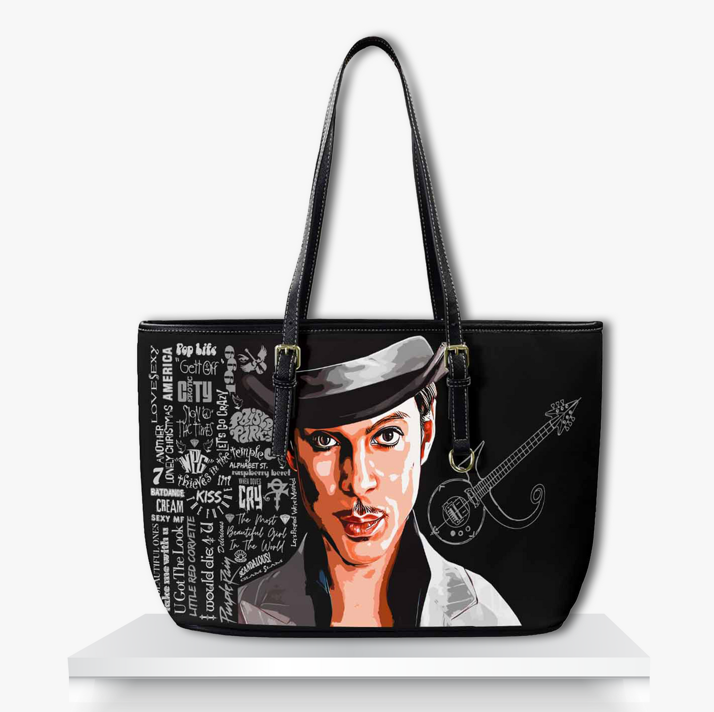Bold black tote bag featuring illustrated portrait of iconic musician in stylish fedora, surrounded by graffiti-style song titles and a custom symbol-shaped guitar unique music-themed fashion accessory for fans of retro funk, pop, and rock culture