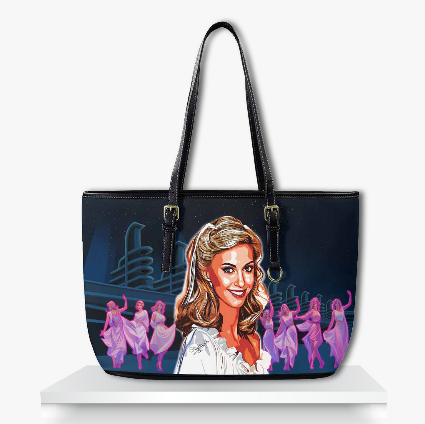 Retro-inspired black tote bag featuring illustrated blonde woman in white dress with 80s-style dancing muses in pink and purple, set against a night sky and neon cityscape unique fashion accessory with vintage pop culture flair.