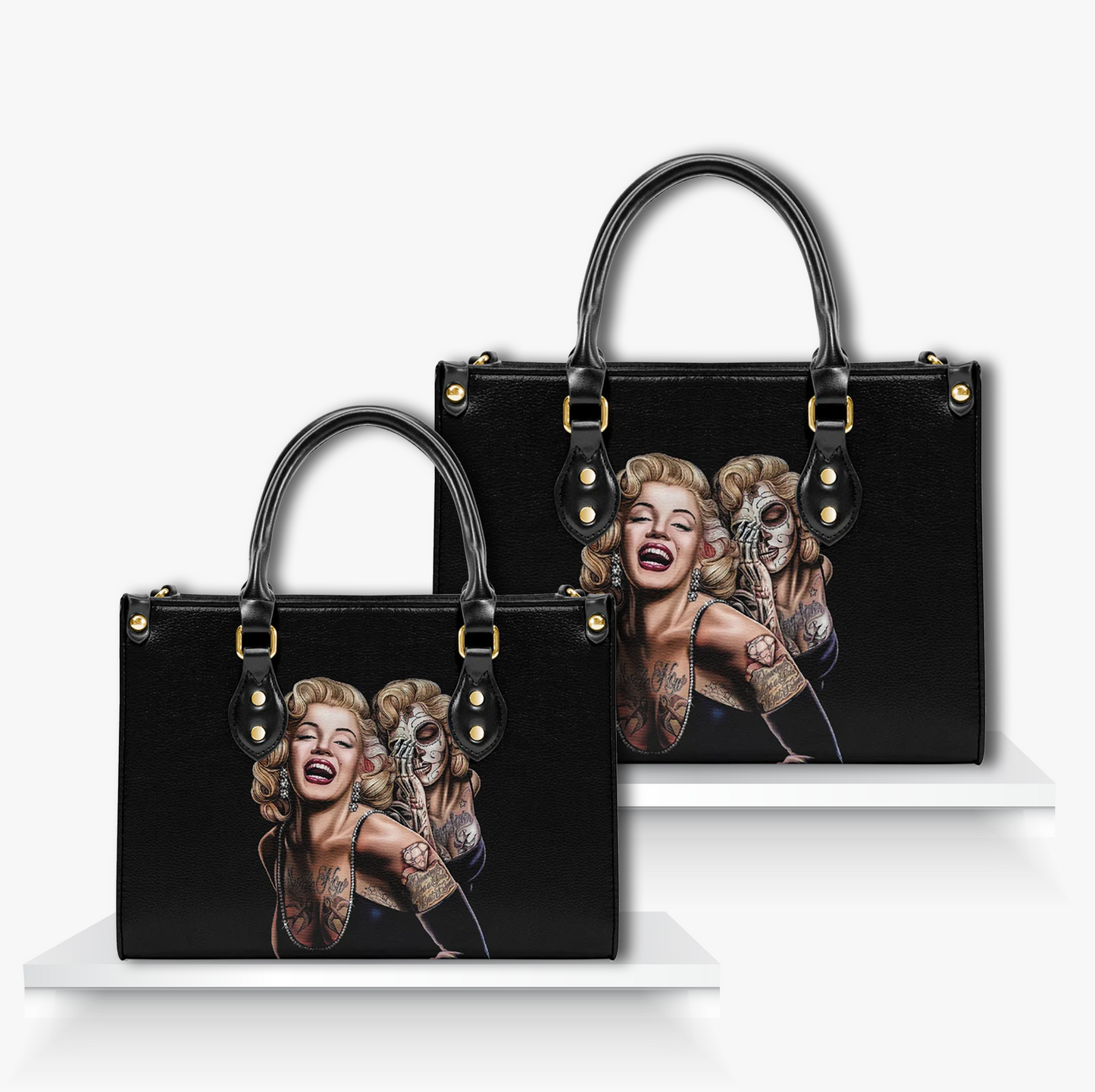 Edgy black handbag featuring a tattooed Marilyn Monroe-style pin-up illustration alongside a Day of the Dead skeletal version bold alternative fashion accessory blending vintage glam, tattoo culture, and gothic art for retro style lovers.